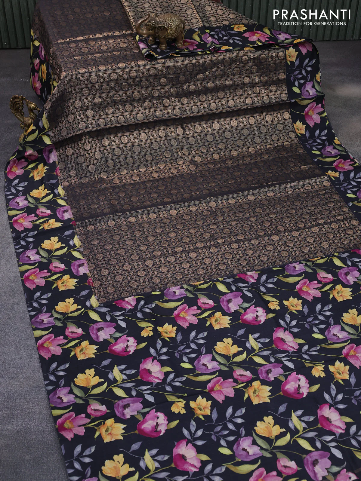 Banarasi silk saree black with allover zari woven brocade weaves and floral digital printed border - Image 2