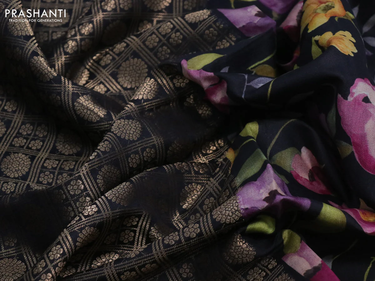 Banarasi silk saree black with allover zari woven brocade weaves and floral digital printed border - Image 3