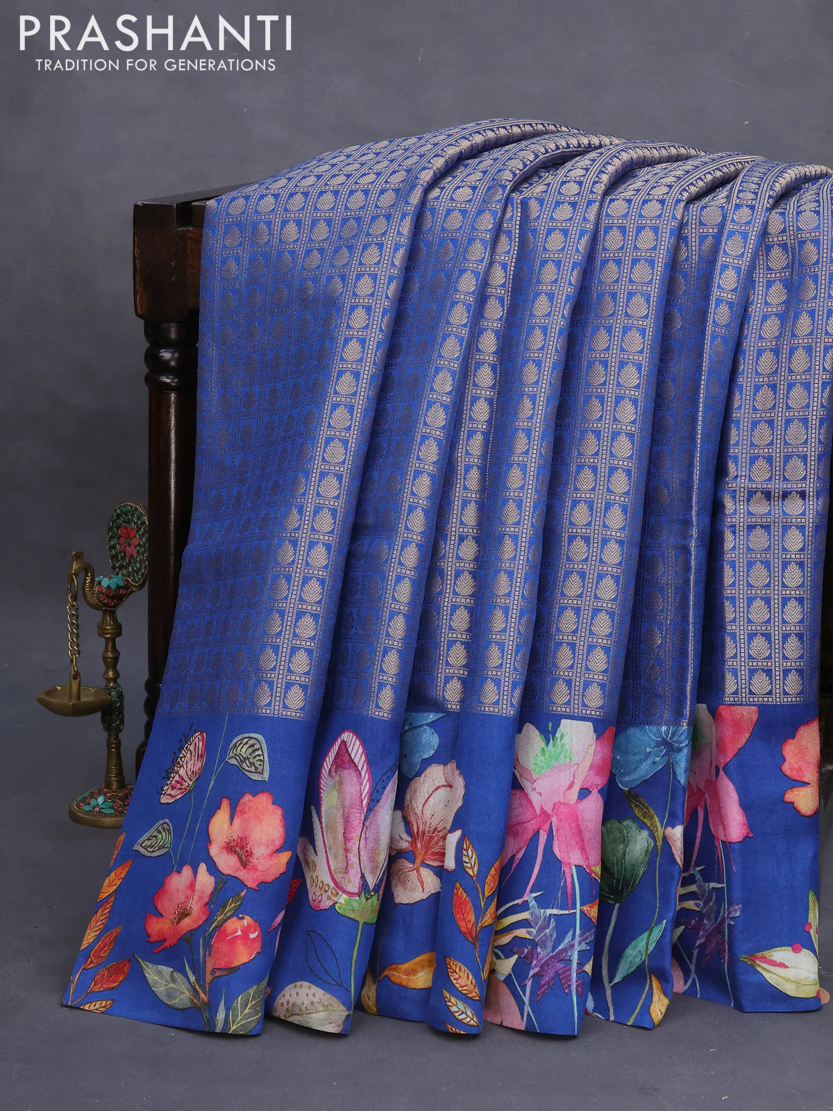 Banarasi silk saree blue with allover zari woven brocade weaves and floral digital printed border
