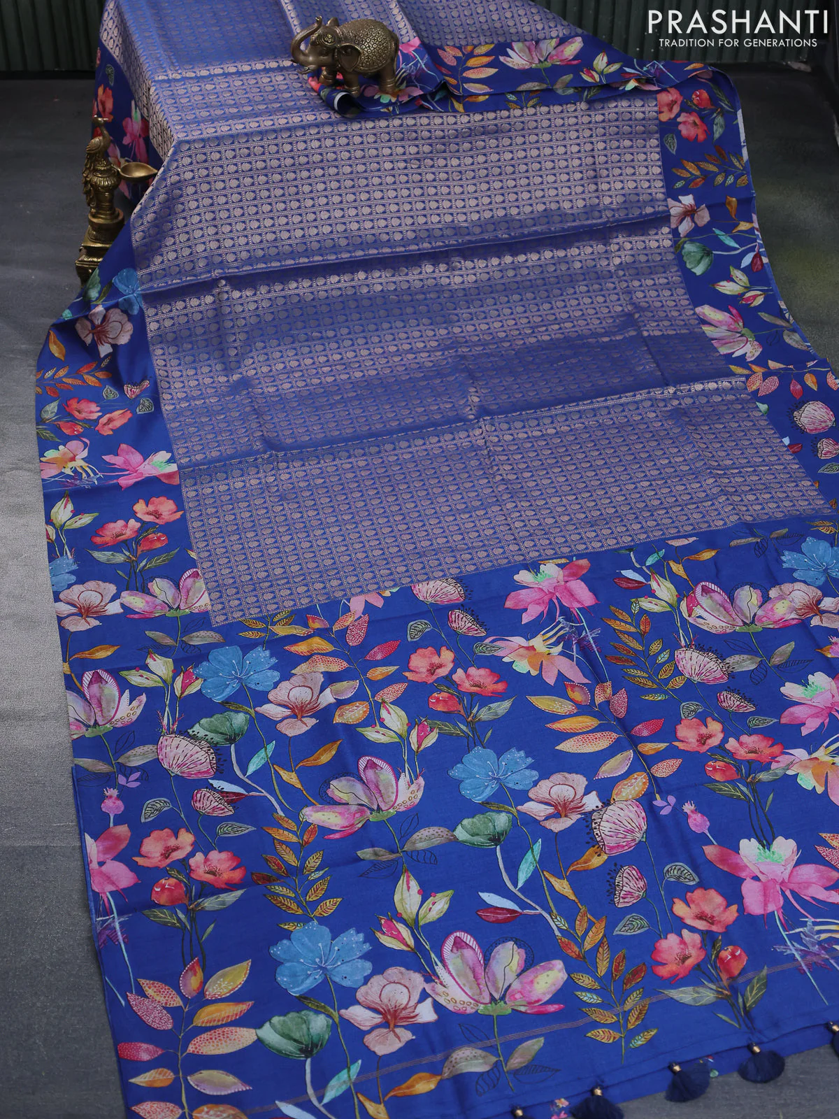 Banarasi silk saree blue with allover zari woven brocade weaves and floral digital printed border - Image 2
