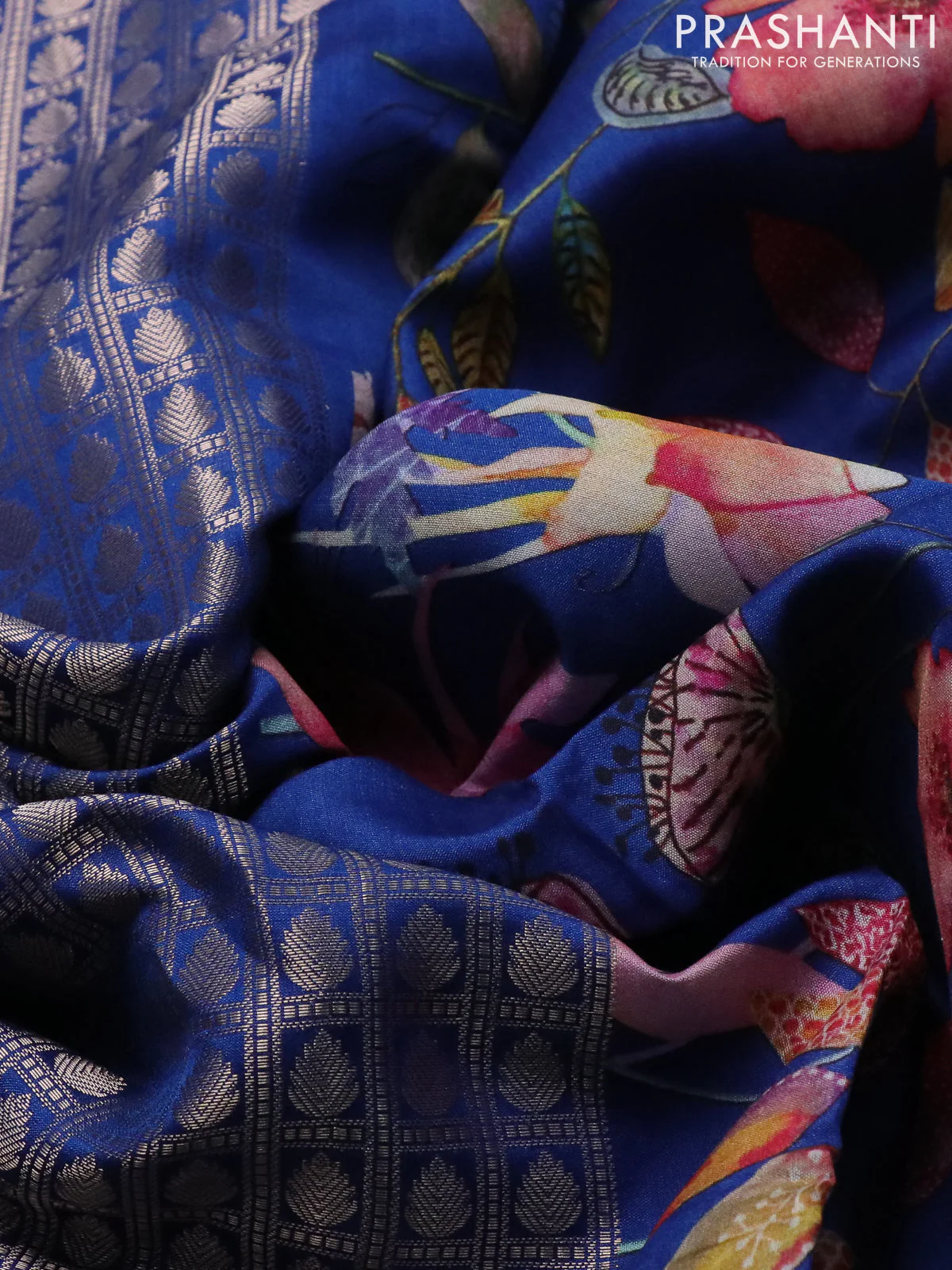 Banarasi silk saree blue with allover zari woven brocade weaves and floral digital printed border - Image 3