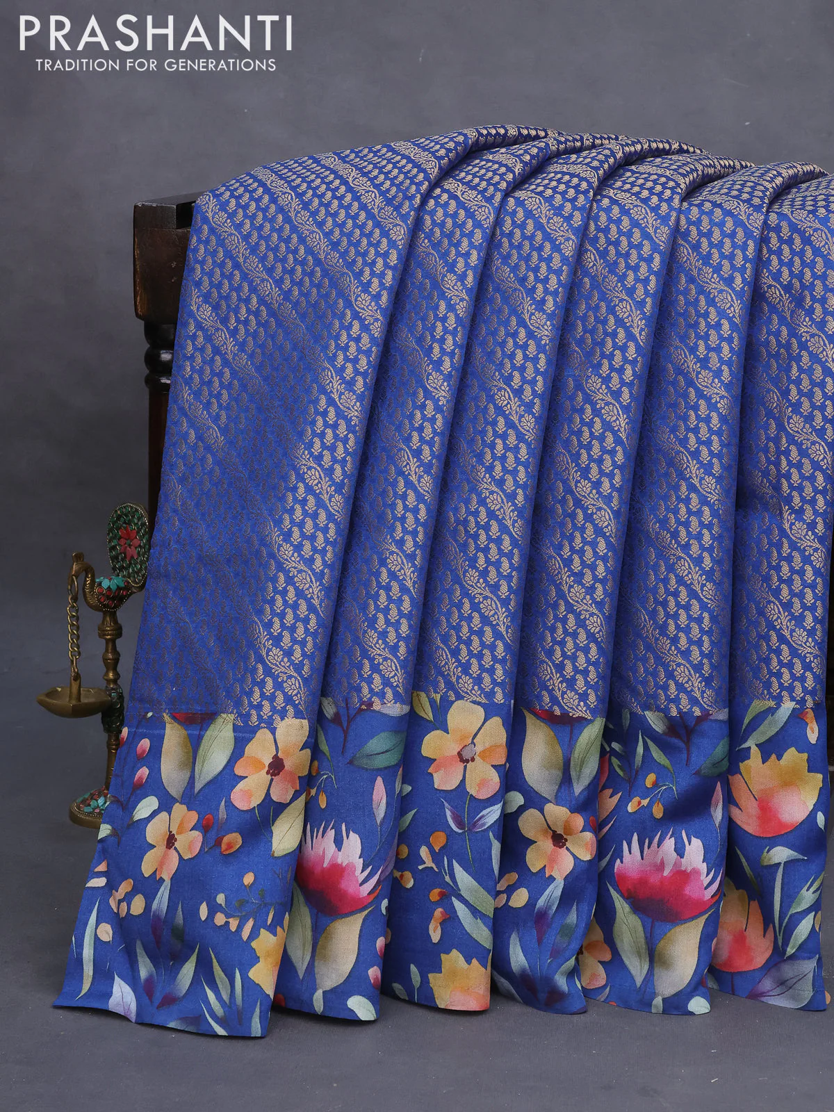 Banarasi silk saree blue with allover zari woven brocade weaves and floral digital printed border