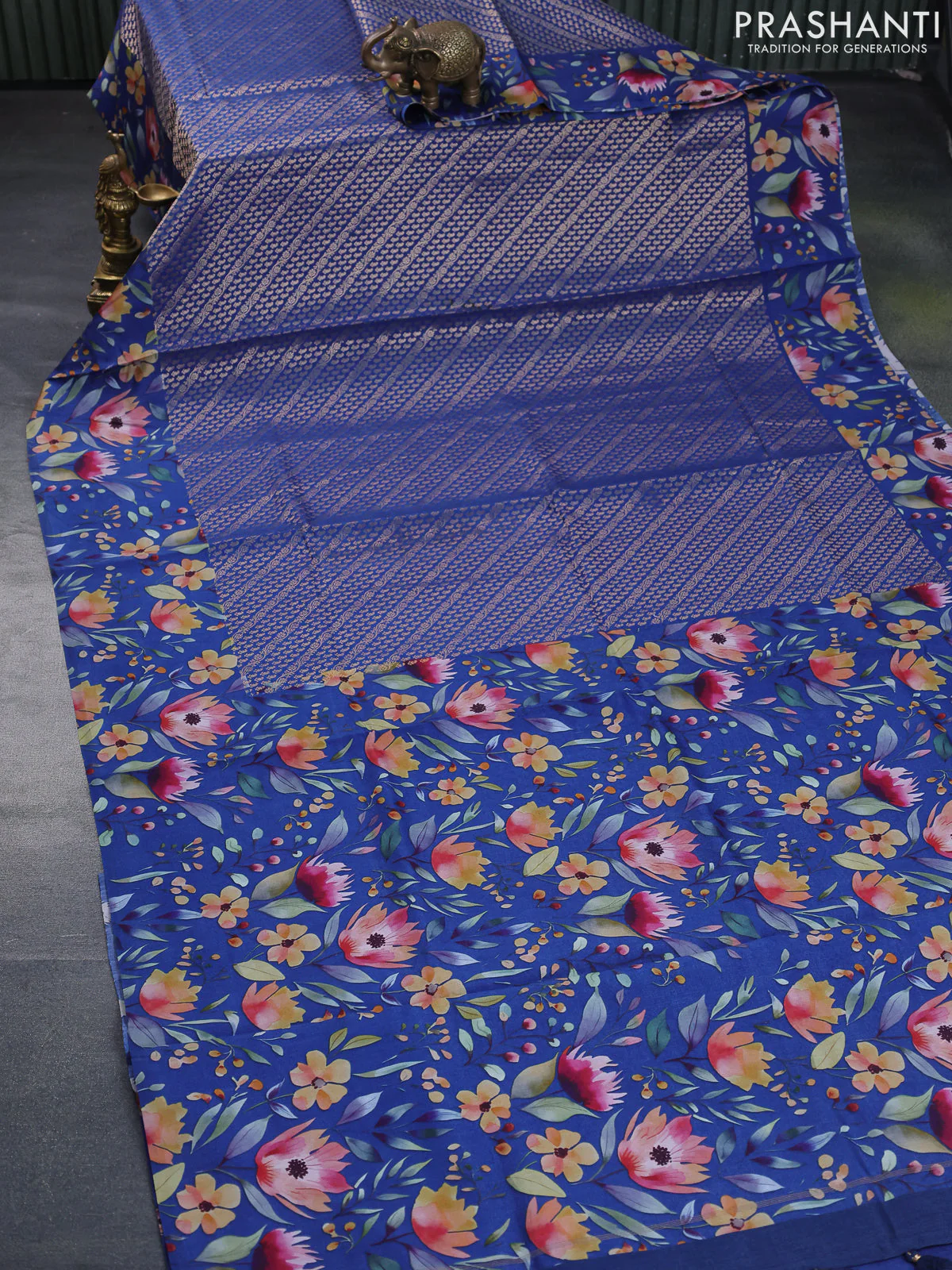 Banarasi silk saree blue with allover zari woven brocade weaves and floral digital printed border - Image 2