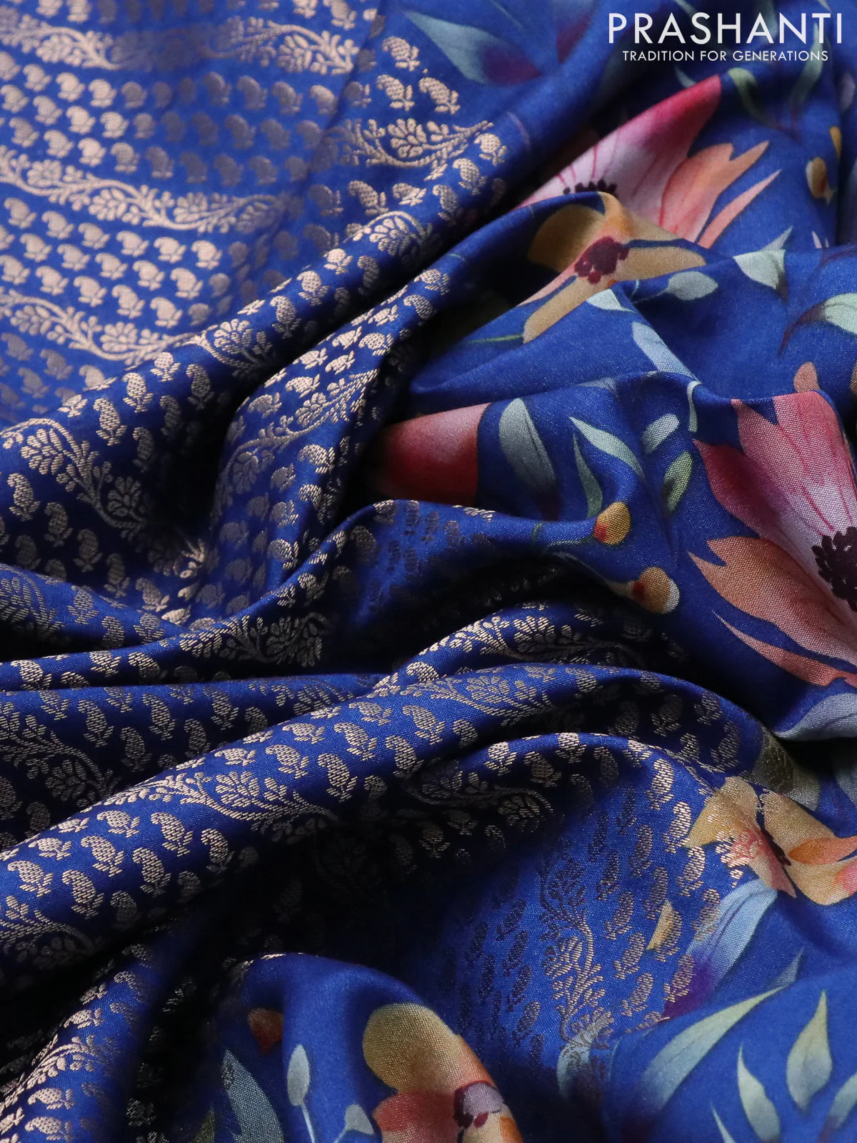 Banarasi silk saree blue with allover zari woven brocade weaves and floral digital printed border - Image 3