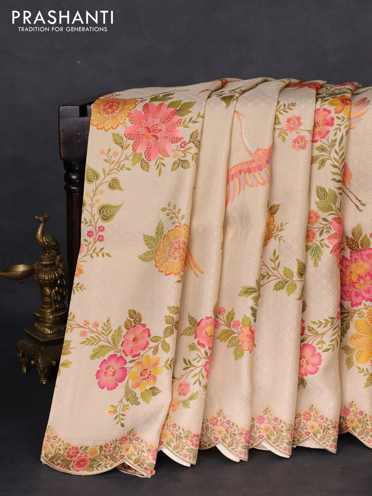 Banarasi silk saree cream with allover floral prints and scallop design border - Image 2