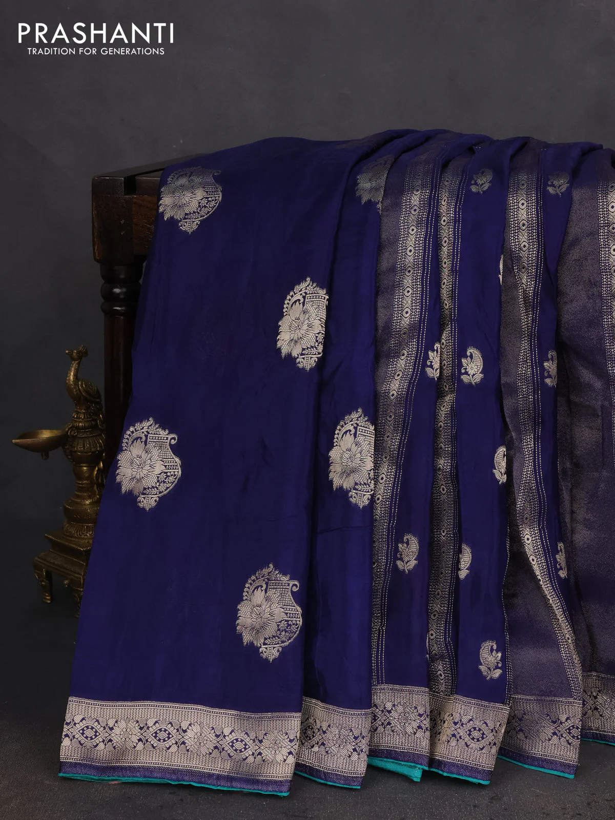 Banarasi silk saree dark blue and teal green with allover zari weaves and zari woven border - Image 2