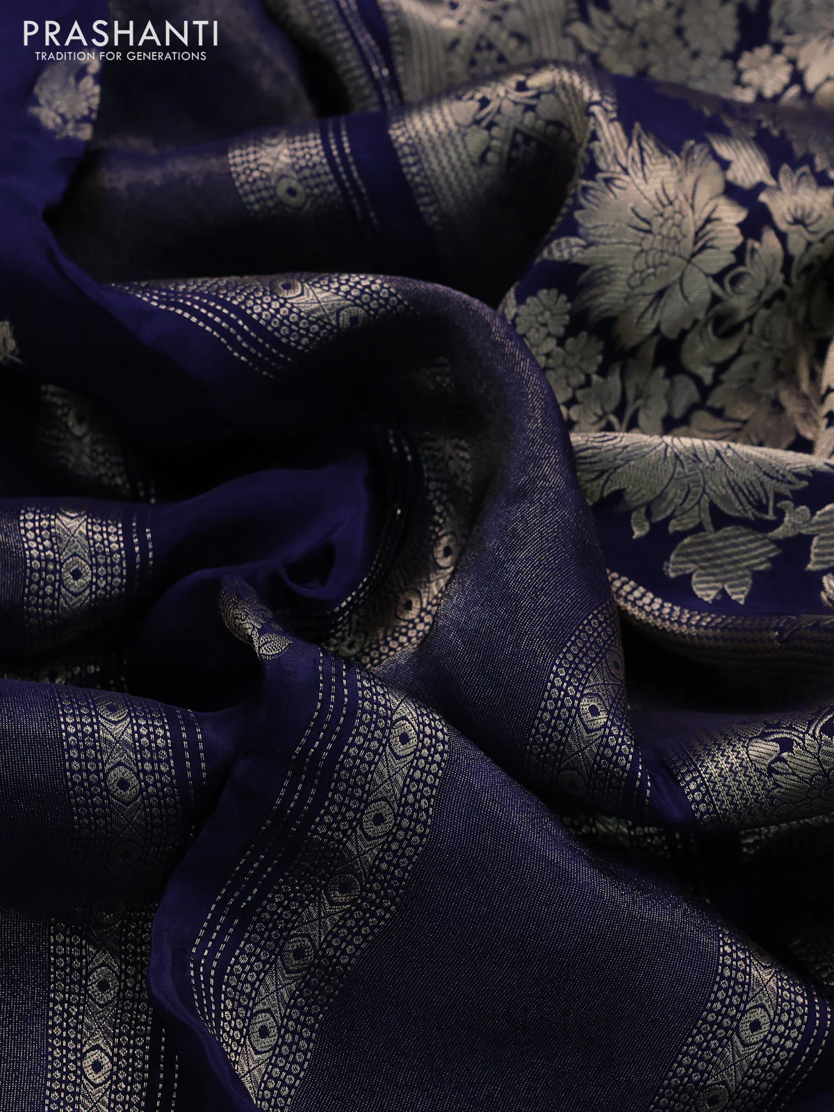 Banarasi silk saree dark blue and teal green with allover zari weaves and zari woven border - Image 3