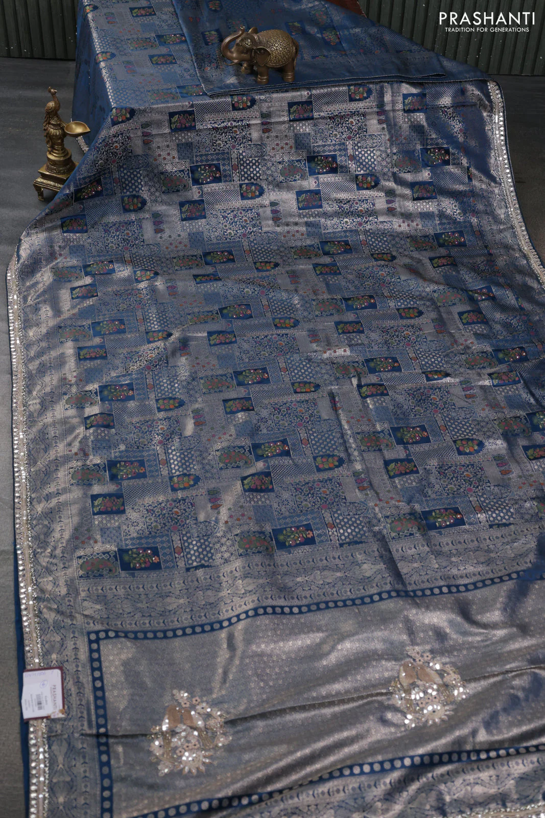Banarasi silk saree dark peacock blue with allover zari woven brocade weaves and embroidery sequin work border - Image 2