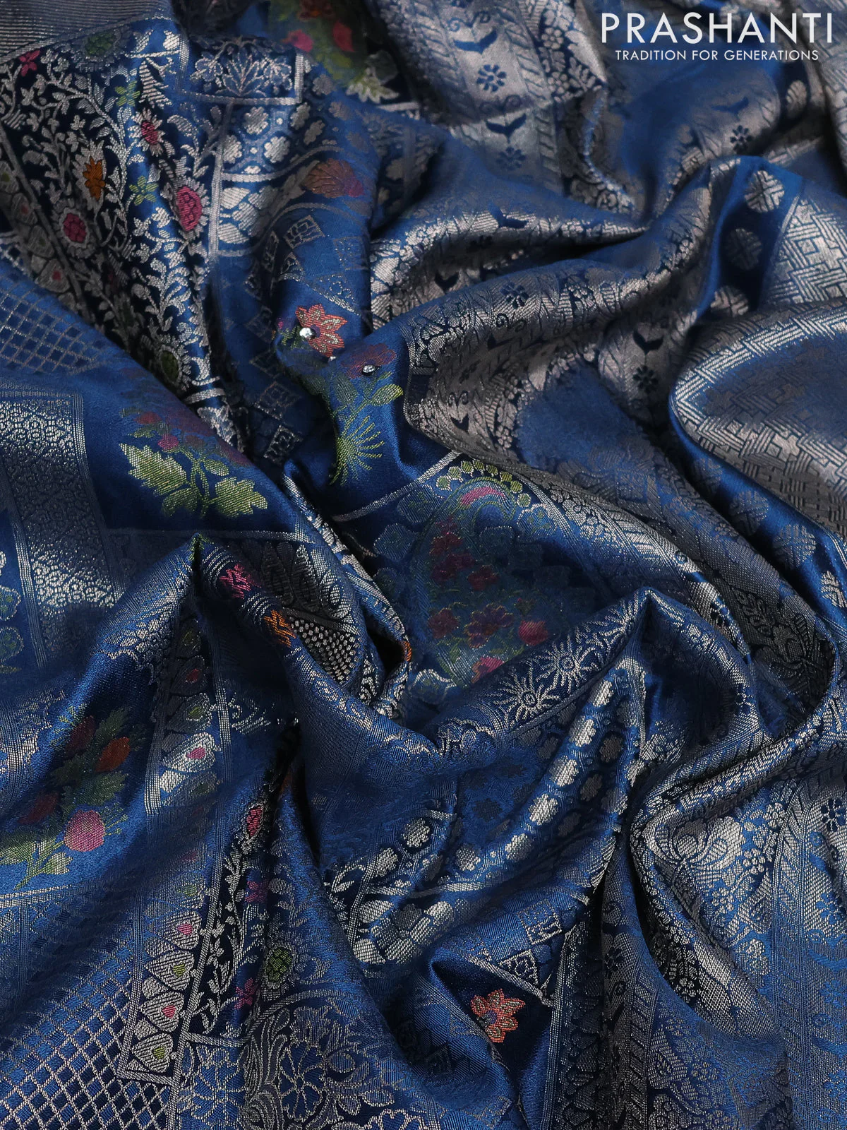 Banarasi silk saree dark peacock blue with allover zari woven brocade weaves and embroidery sequin work border - Image 3