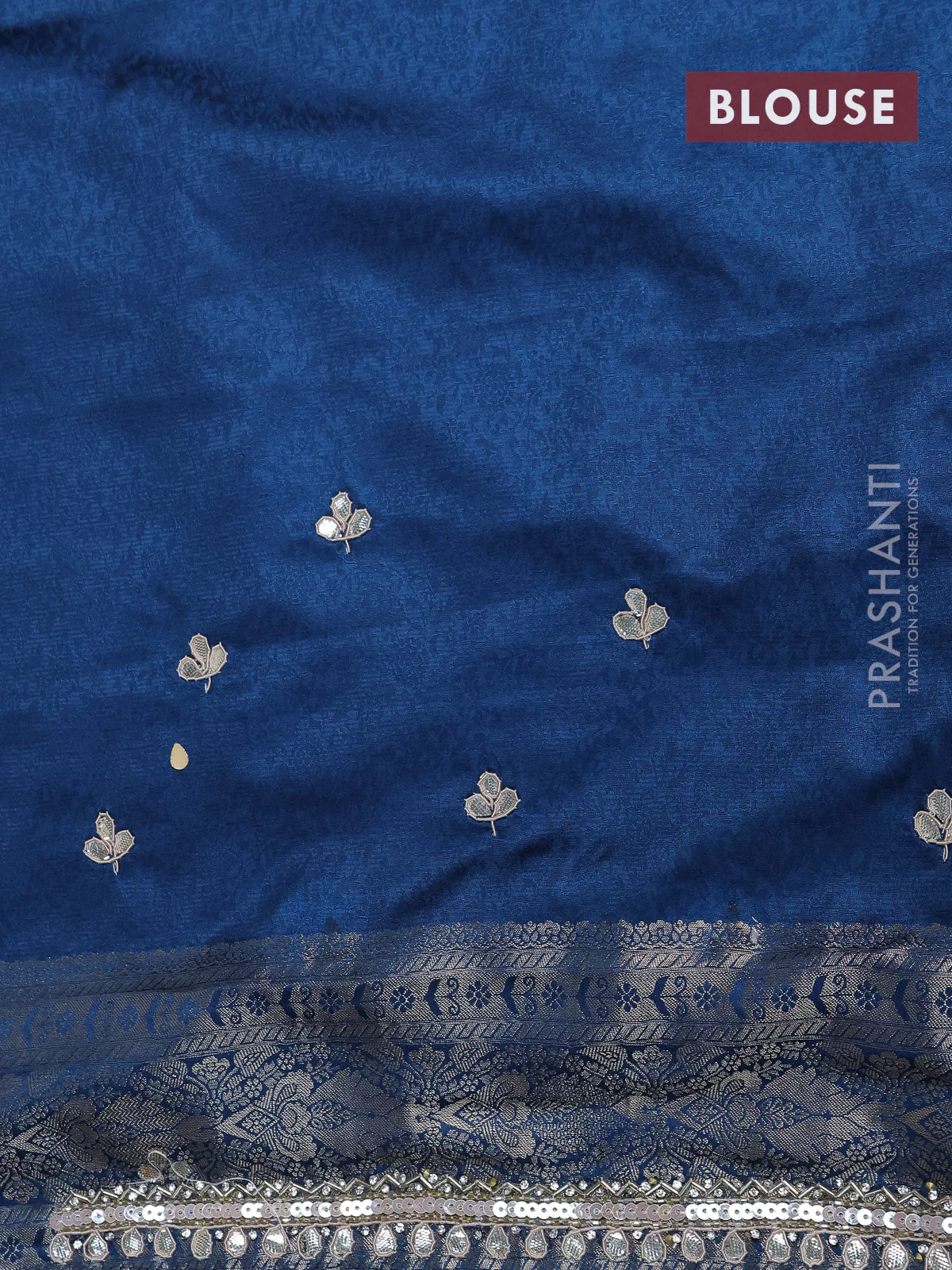 Banarasi silk saree dark peacock blue with allover zari woven brocade weaves and embroidery sequin work border - Image 4