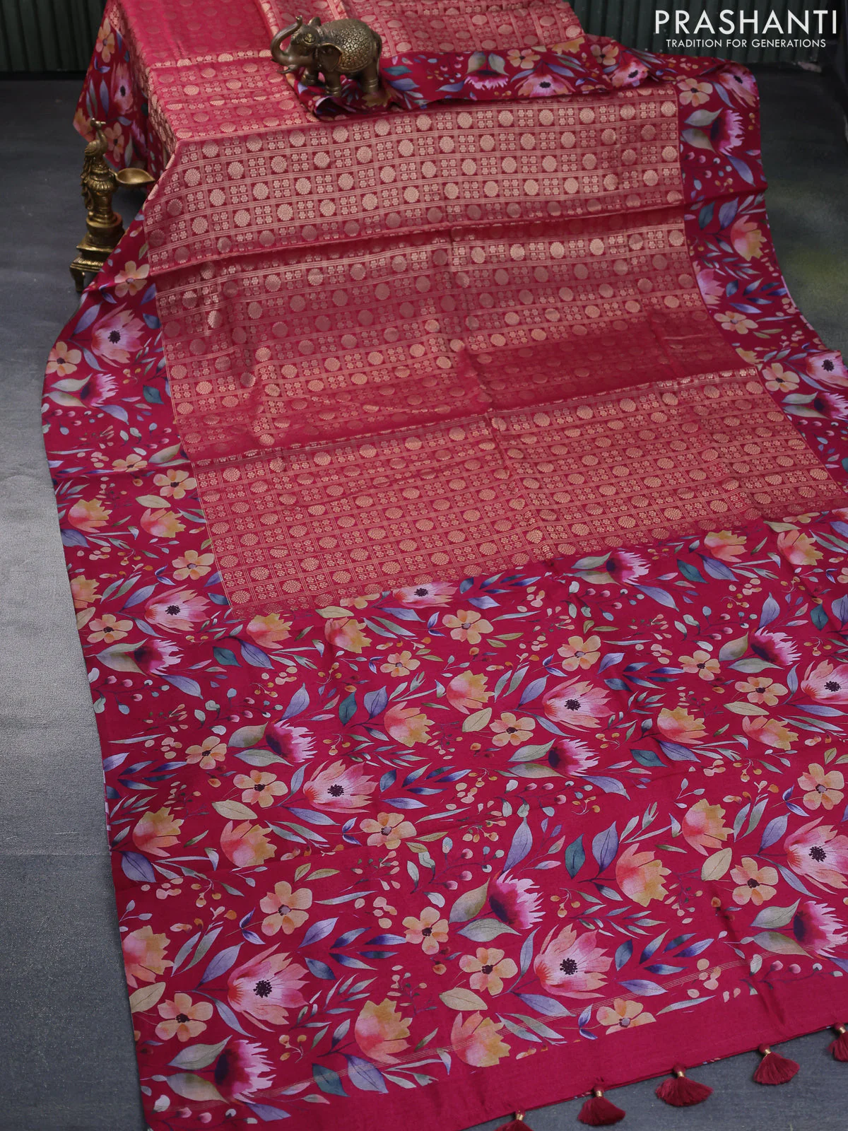 Banarasi silk saree dark pink with allover zari woven brocade weaves and floral digital printed border - Image 2