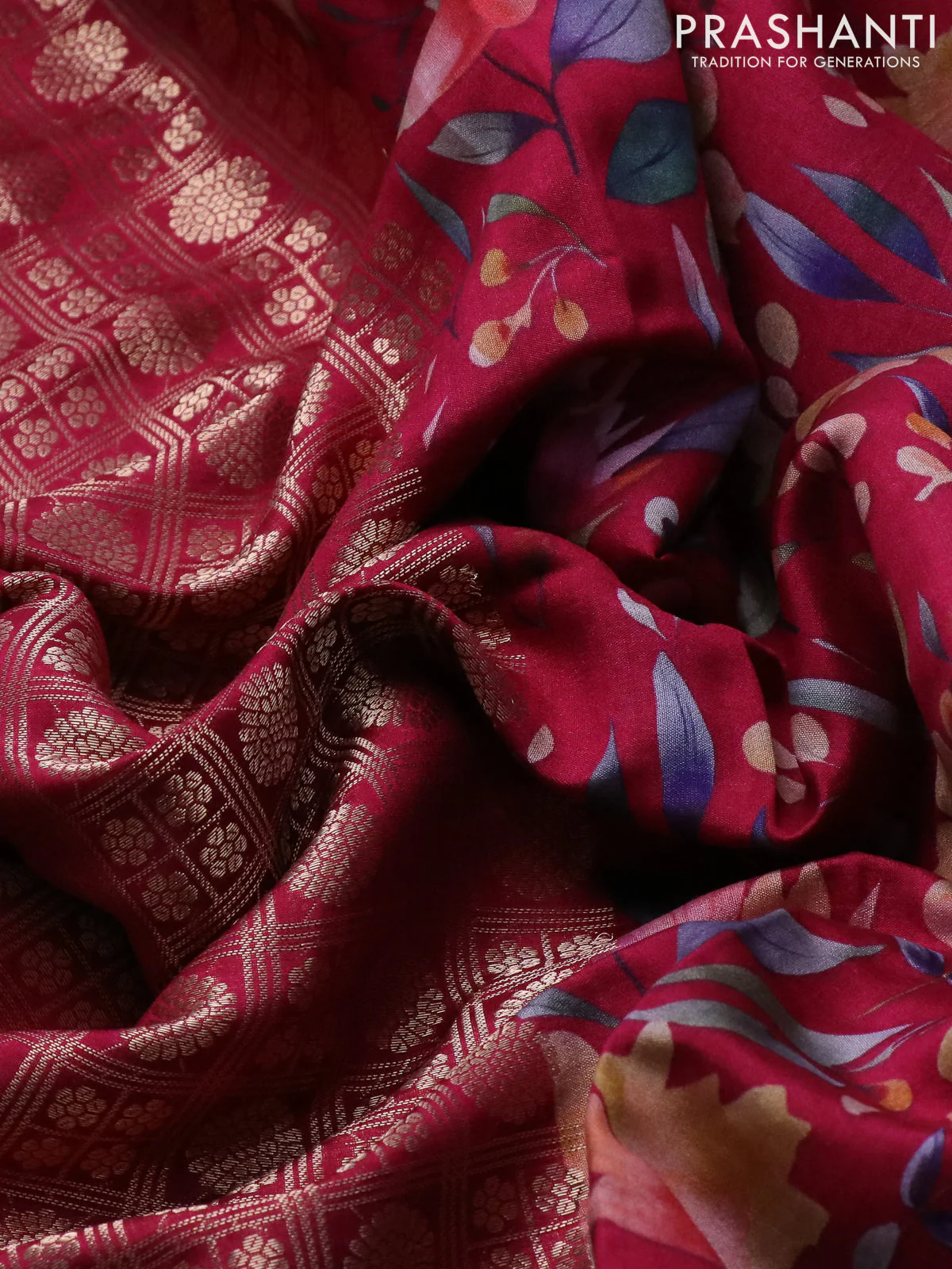 Banarasi silk saree dark pink with allover zari woven brocade weaves and floral digital printed border - Image 3