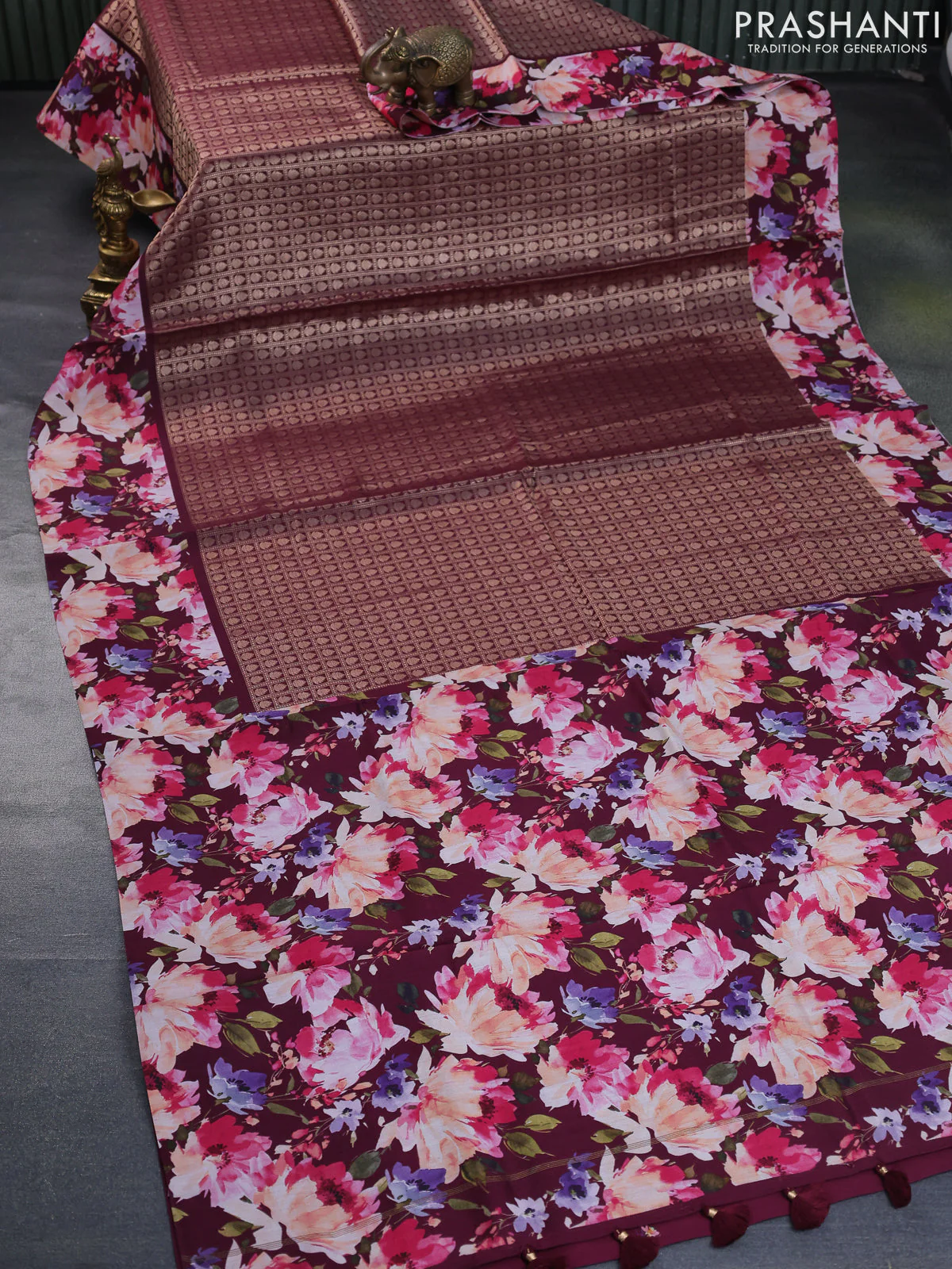 Banarasi silk saree deep maroon with allover zari woven brocade weaves and floral digital printed border - Image 2