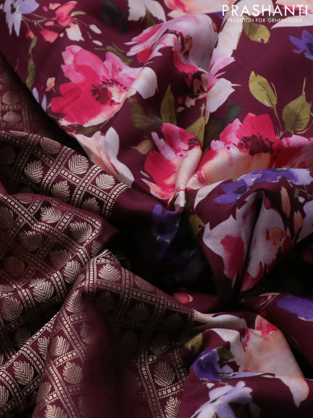 Banarasi silk saree deep maroon with allover zari woven brocade weaves and floral digital printed border - Image 3