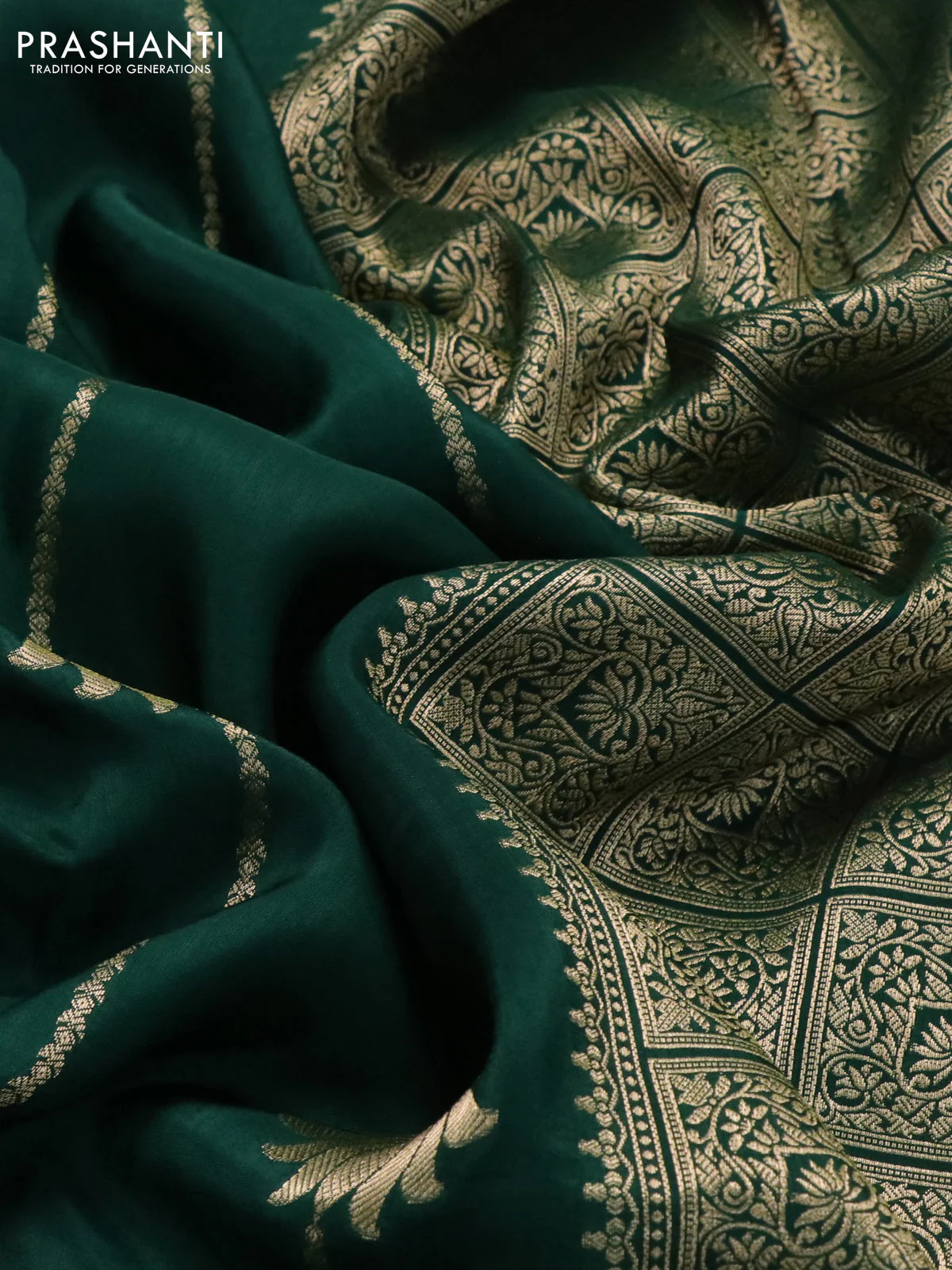 Banarasi silk saree green with allover floral zari weaves and zari woven border - Image 3