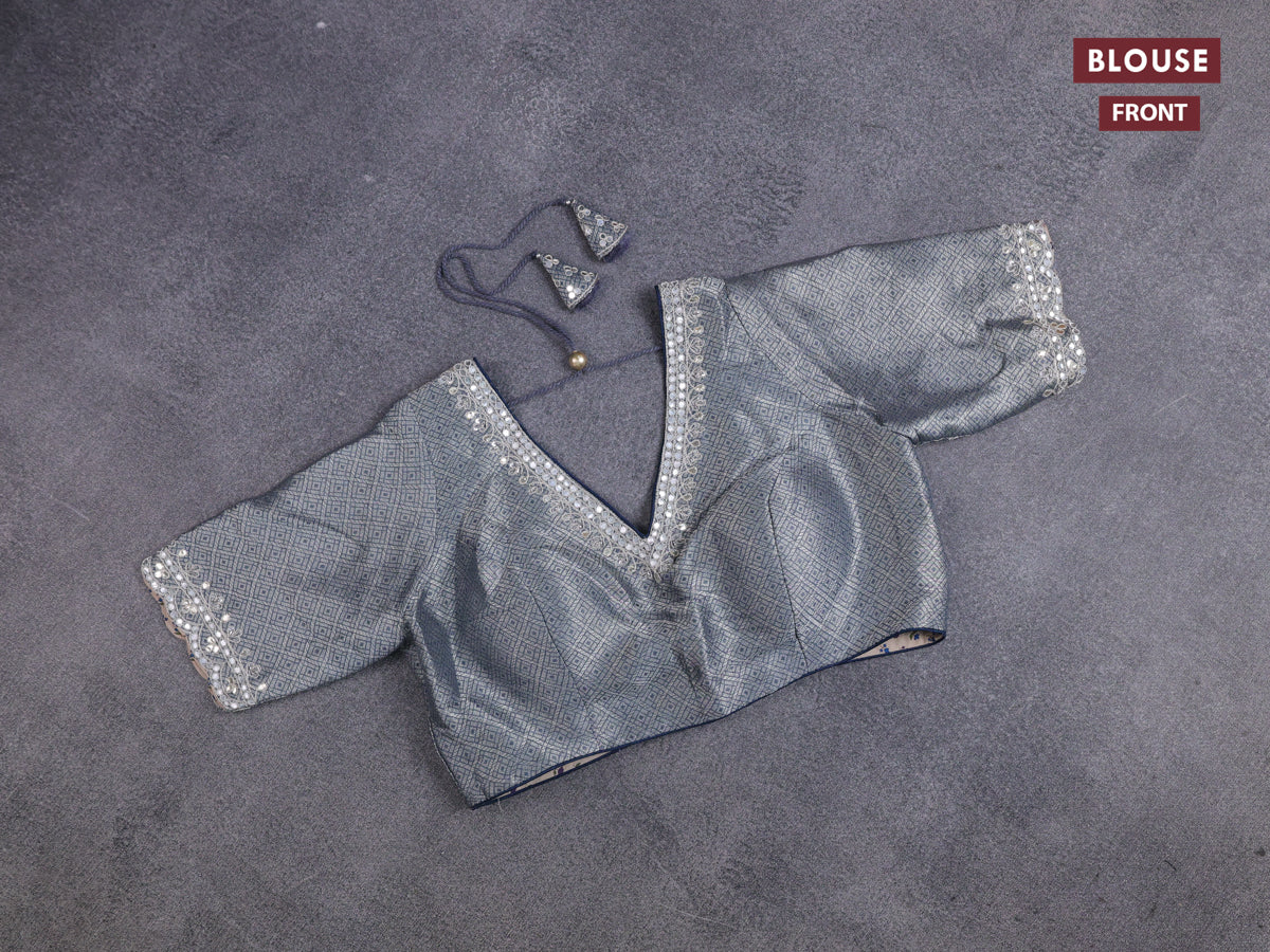 Banarasi silk saree grey with thread & zari woven floral buttas and gotapatti work pallu - Image 3