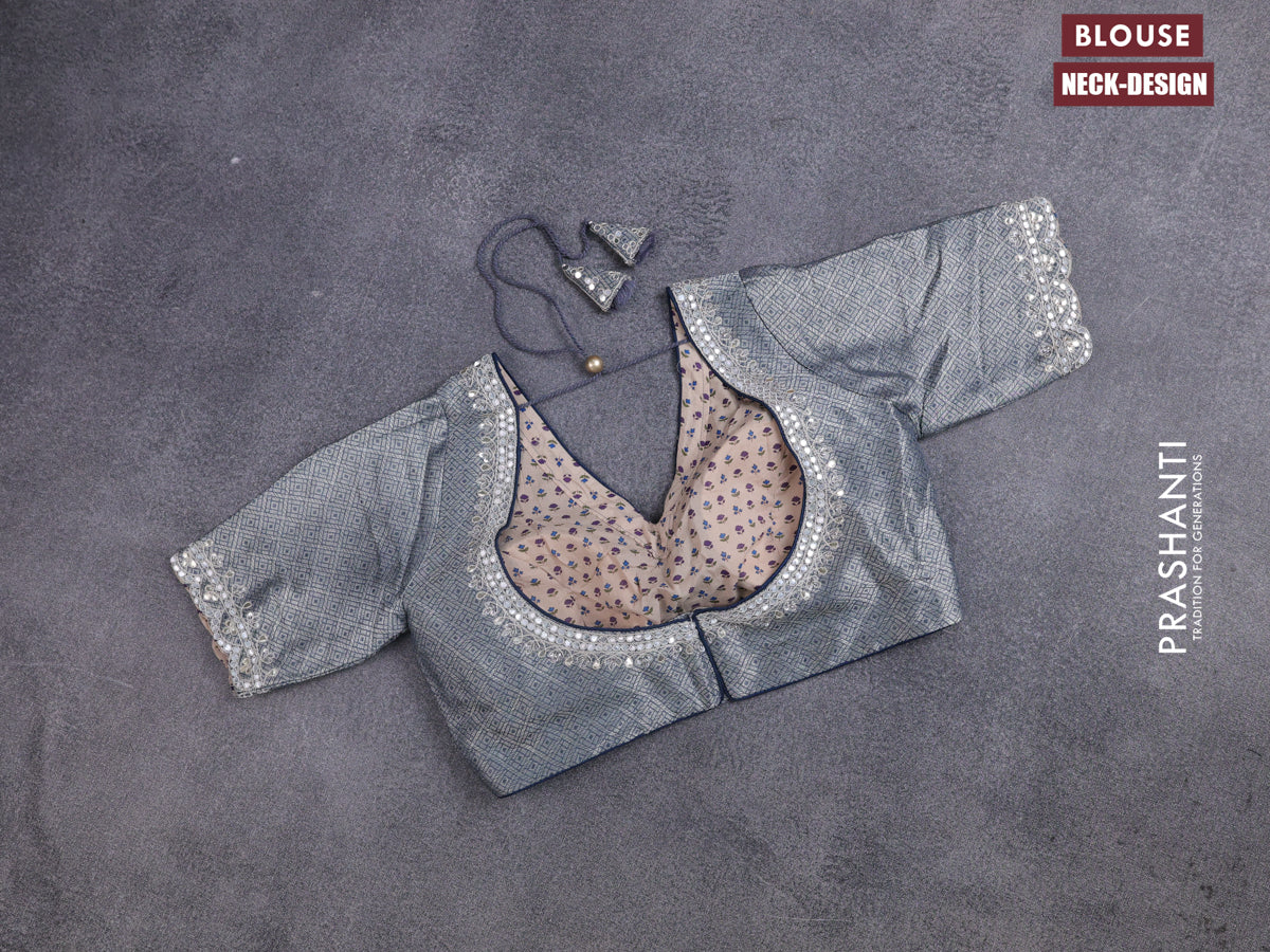 Banarasi silk saree grey with thread & zari woven floral buttas and gotapatti work pallu - Image 4