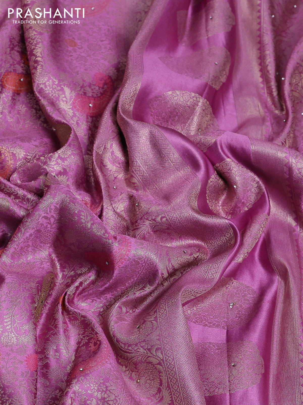 Banarasi silk saree lavender with allover zari woven brocade weaves and zaridosi gotapatti work border - Image 3