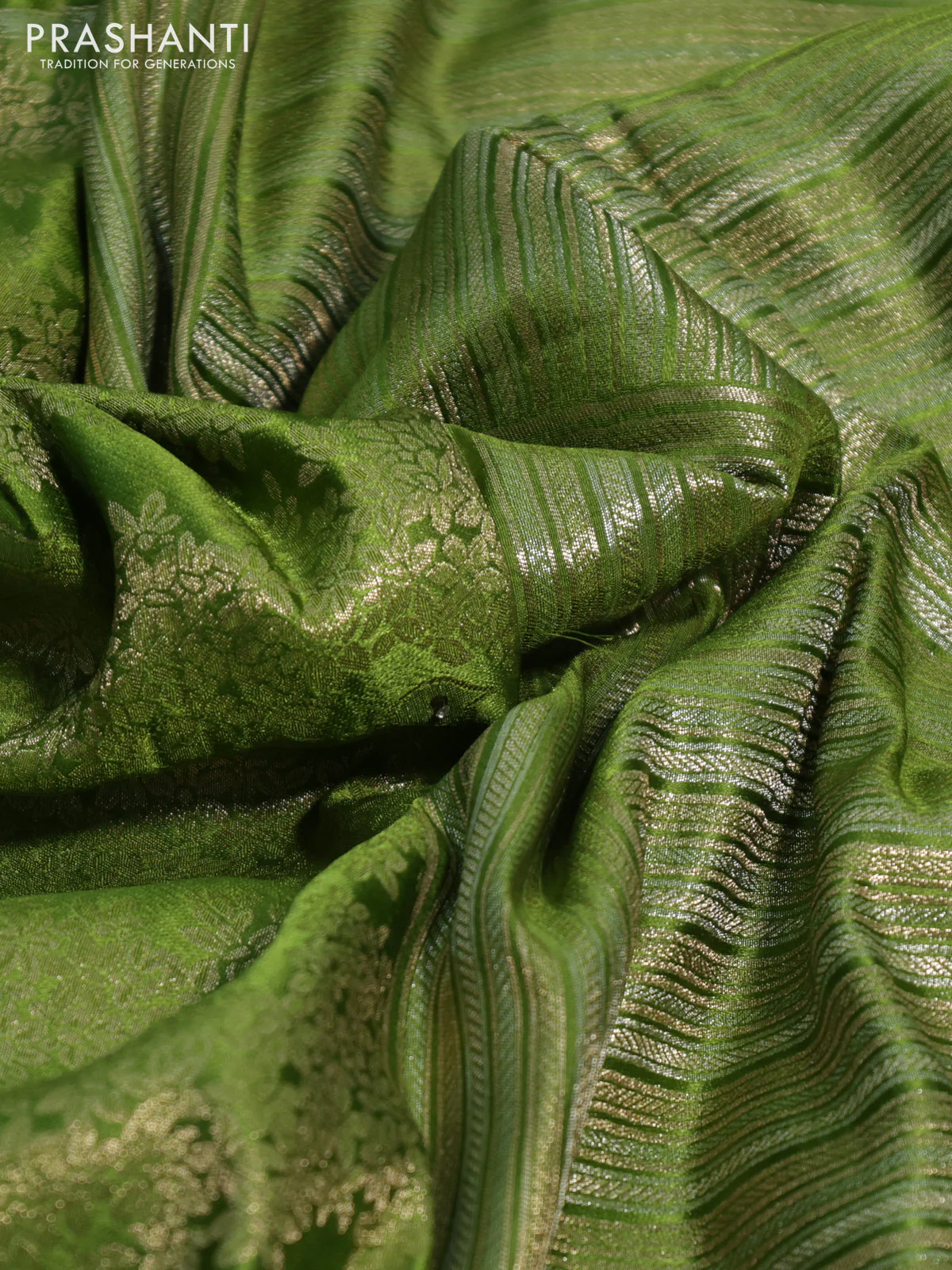 Banarasi silk saree light green with allover zari woven brocade weaves and embroidery mirror work border - Image 3