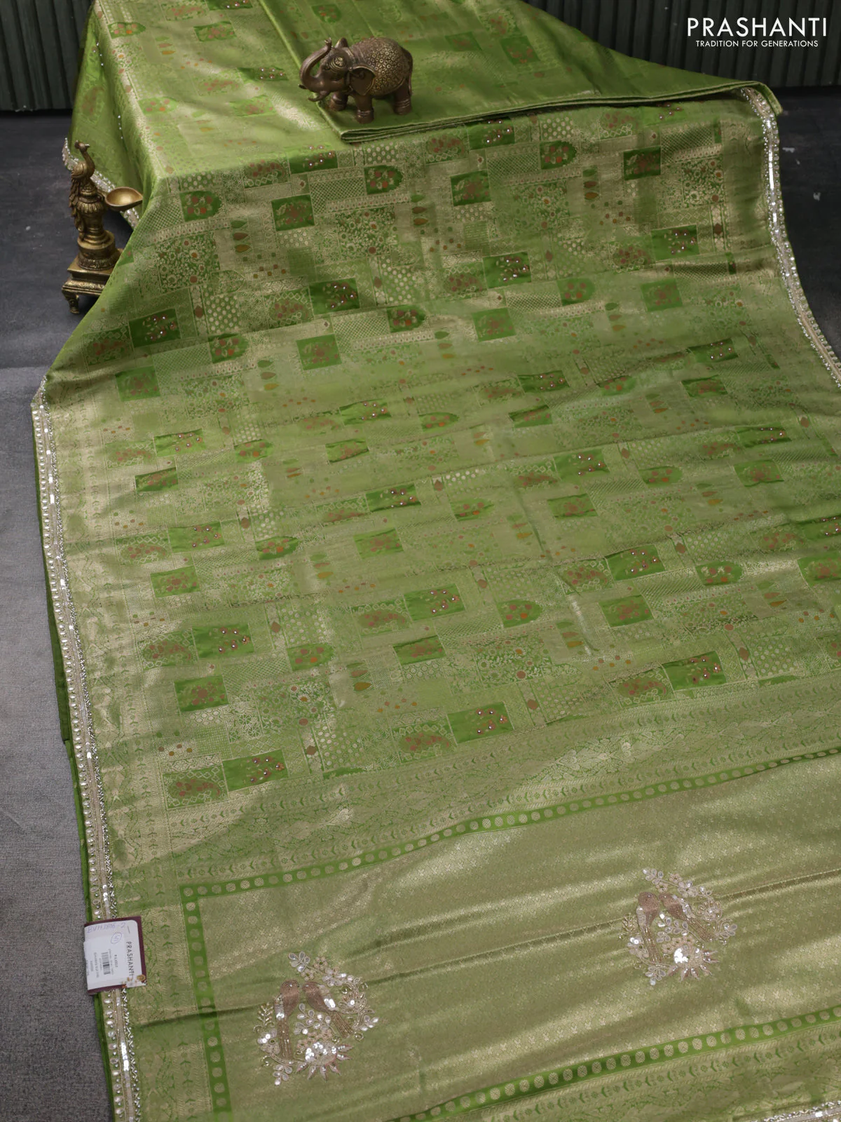 Banarasi silk saree light green with allover zari woven brocade weaves and embroidery sequin work border - Image 2