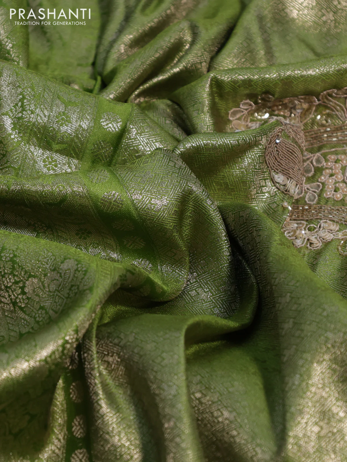 Banarasi silk saree light green with allover zari woven brocade weaves and embroidery sequin work border - Image 3