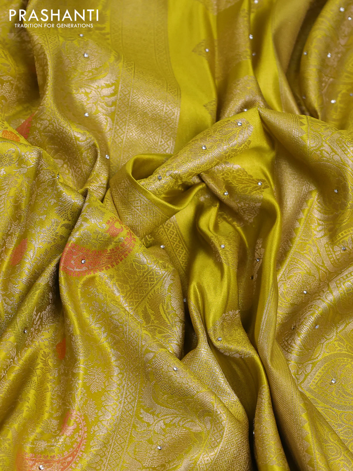 Banarasi silk saree lime yellow with allover zari woven brocade weaves and zaridosi gotapatti work border - Image 3