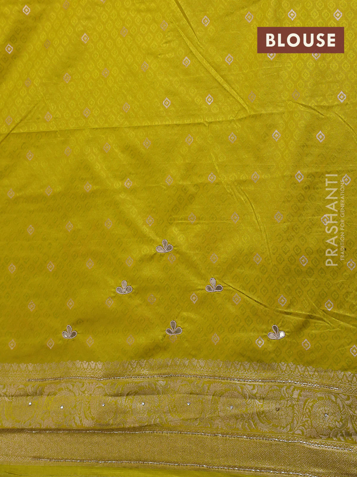 Banarasi silk saree lime yellow with allover zari woven brocade weaves and zaridosi gotapatti work border - Image 4