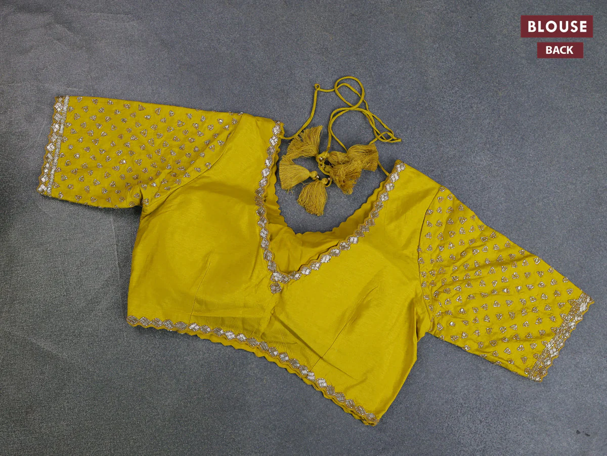 Banarasi silk saree lime yellow with floral zari woven buttas and beaded work border - Image 10