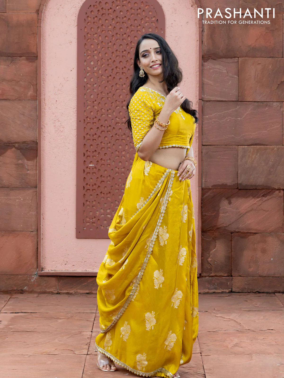 Banarasi silk saree lime yellow with floral zari woven buttas and beaded work border - Image 2