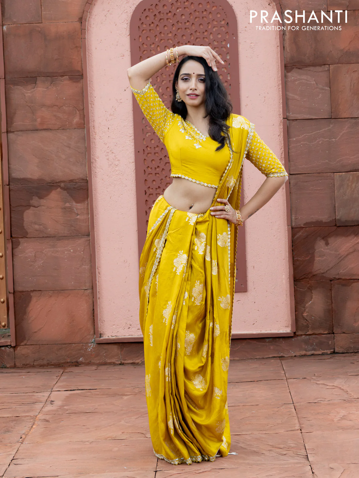 Banarasi silk saree lime yellow with floral zari woven buttas and beaded work border - Image 3