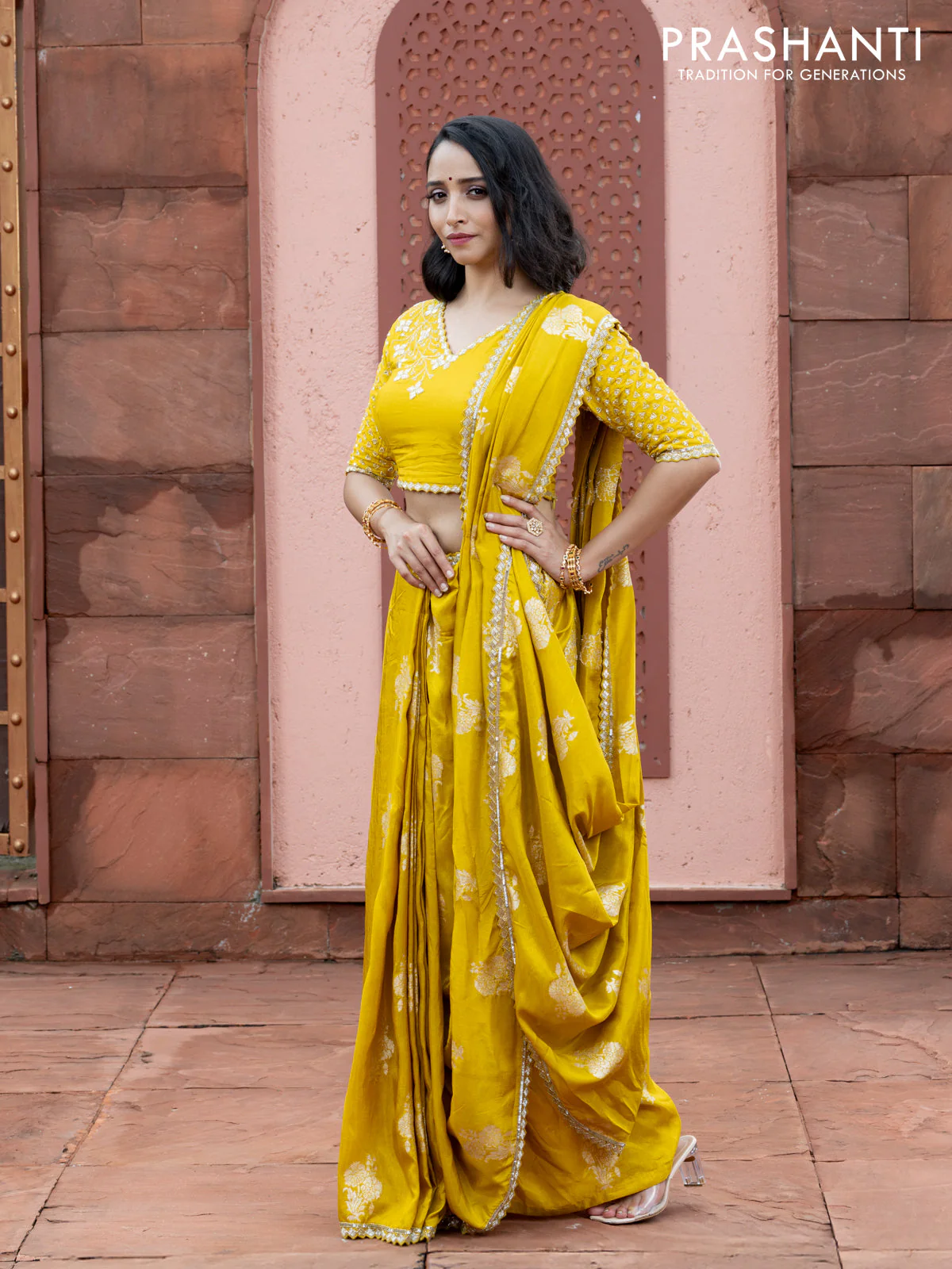 Banarasi silk saree lime yellow with floral zari woven buttas and beaded work border - Image 4