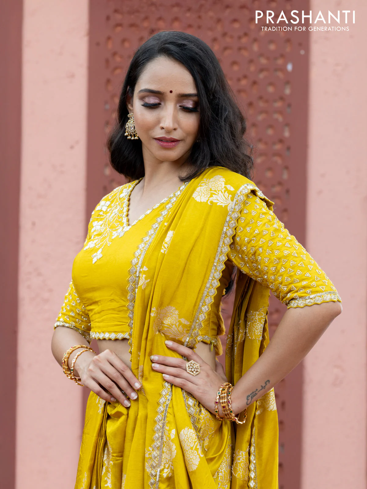 Banarasi silk saree lime yellow with floral zari woven buttas and beaded work border - Image 5