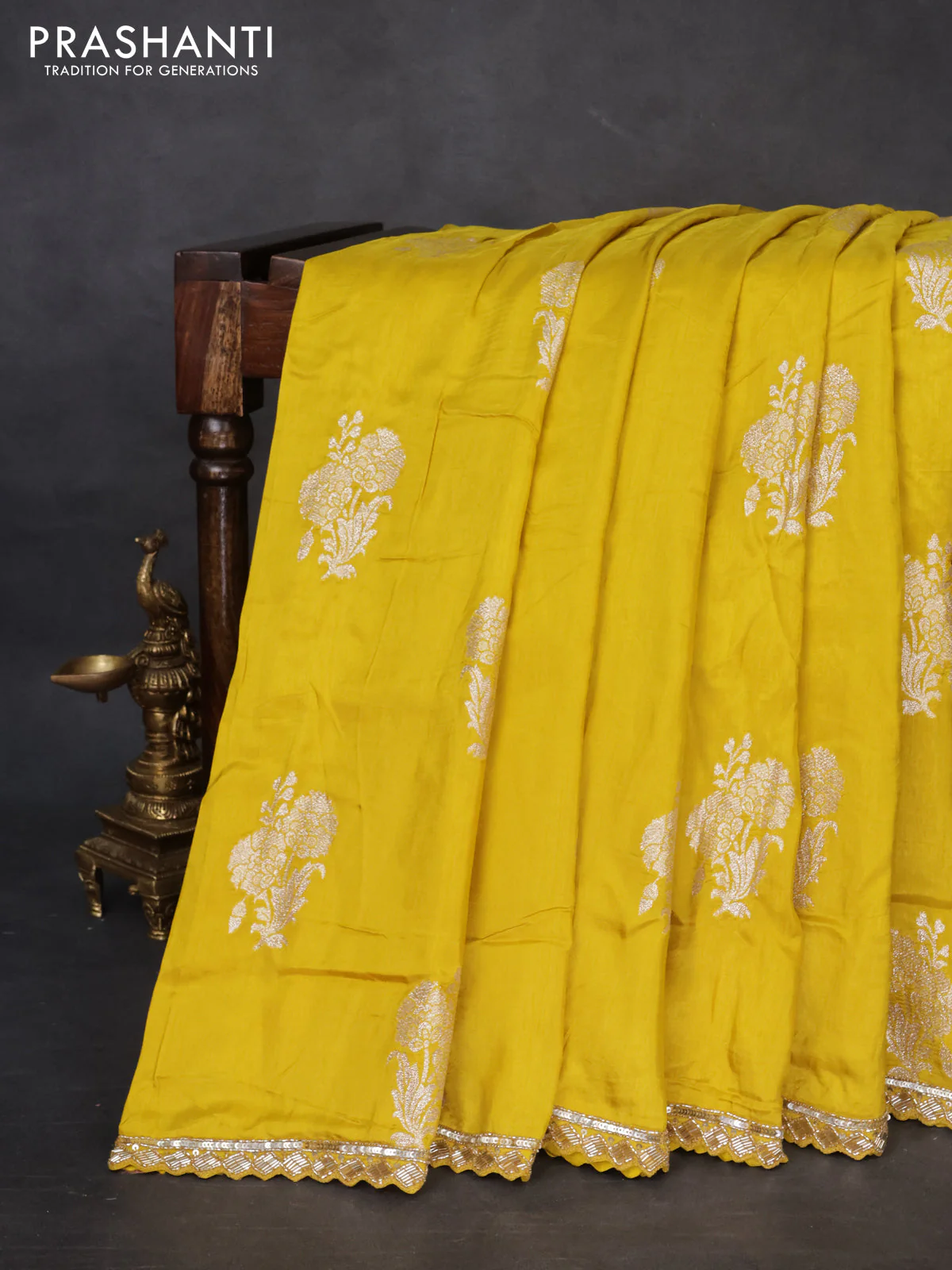 Banarasi silk saree lime yellow with floral zari woven buttas and beaded work border - Image 6