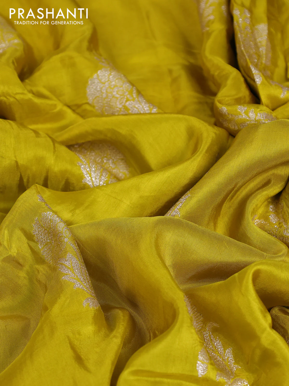 Banarasi silk saree lime yellow with floral zari woven buttas and beaded work border - Image 8