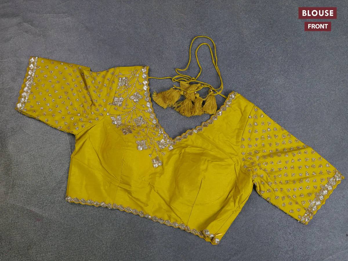 Banarasi silk saree lime yellow with floral zari woven buttas and beaded work border - Image 9