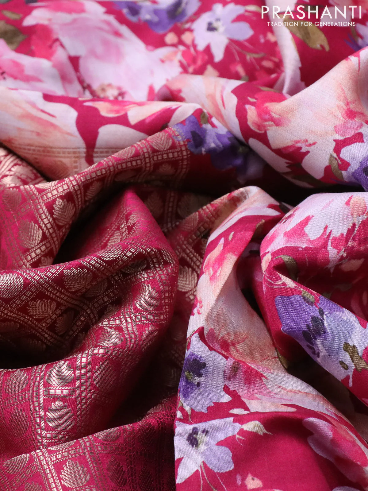 Banarasi silk saree magenta pink with allover zari woven brocade weaves and floral digital printed border - Image 3