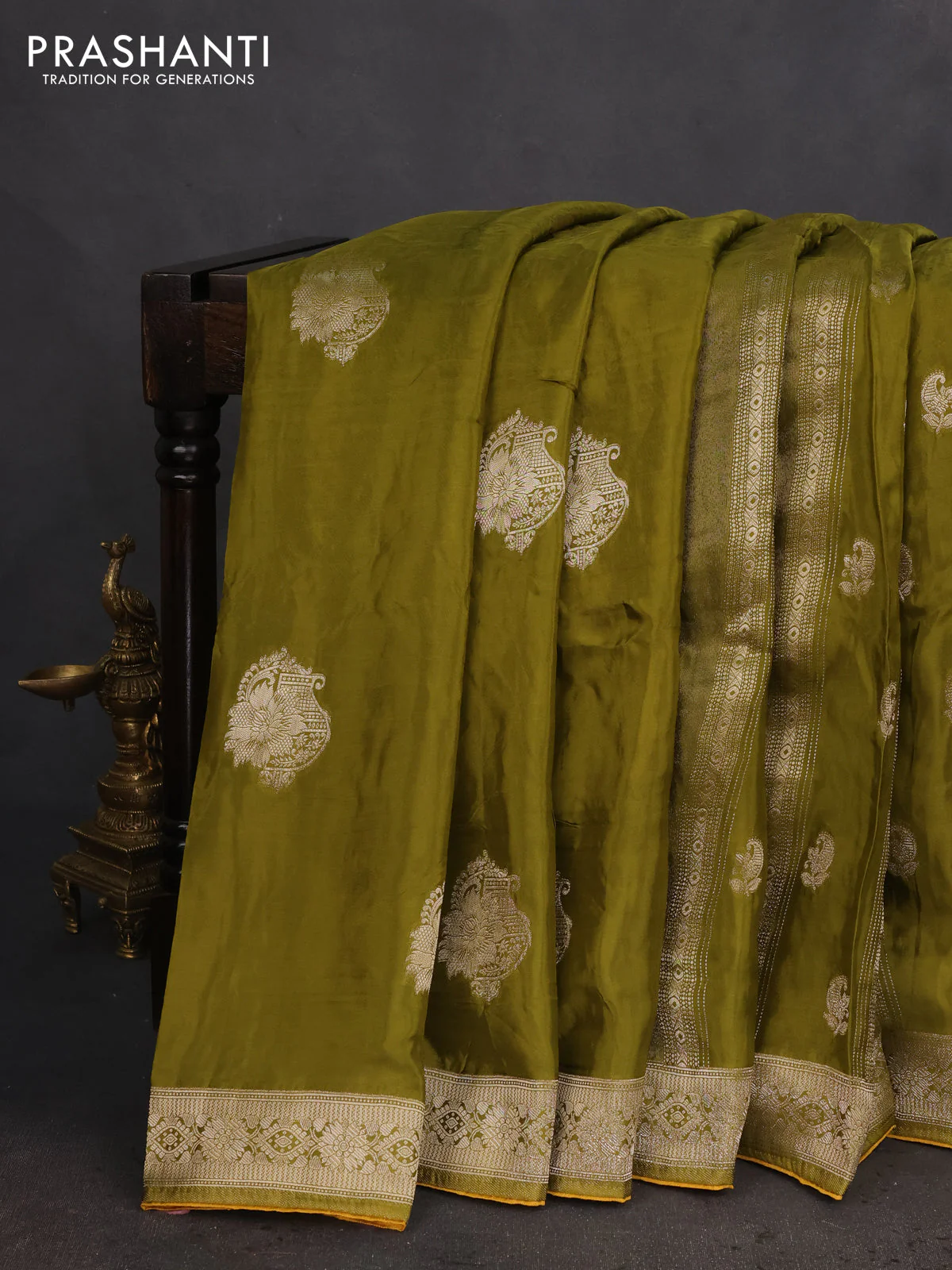 Banarasi silk saree mehendi green and yellow with allover zari weaves and zari woven border - Image 2