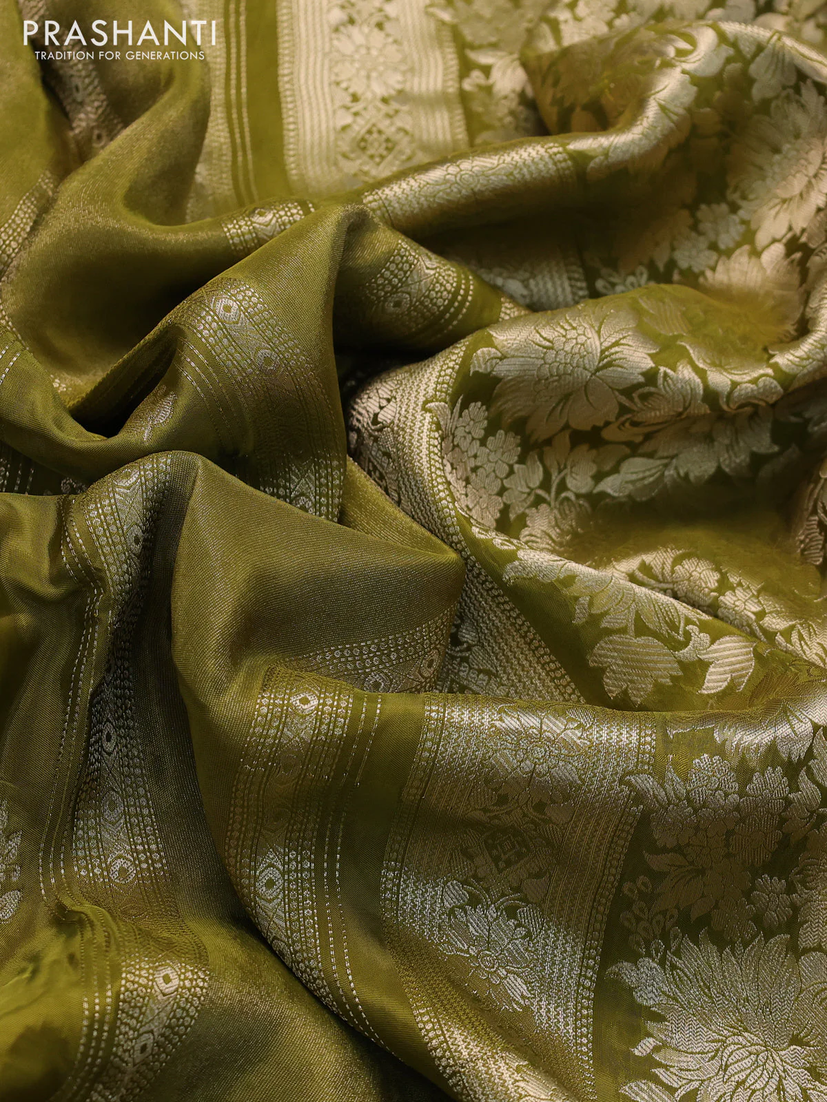 Banarasi silk saree mehendi green and yellow with allover zari weaves and zari woven border - Image 3