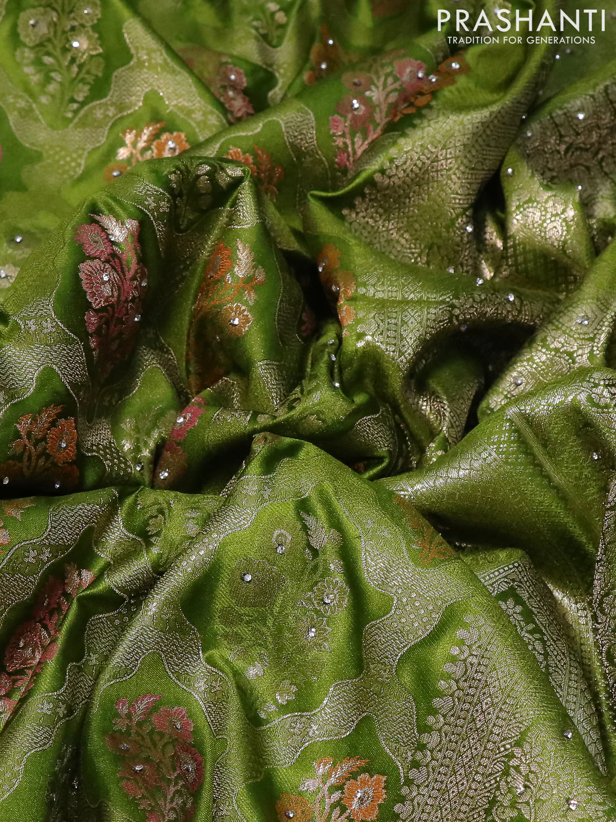 Banarasi silk saree mehendi green with allover zari woven brocade weaves and embroidery mirror work border - Image 3