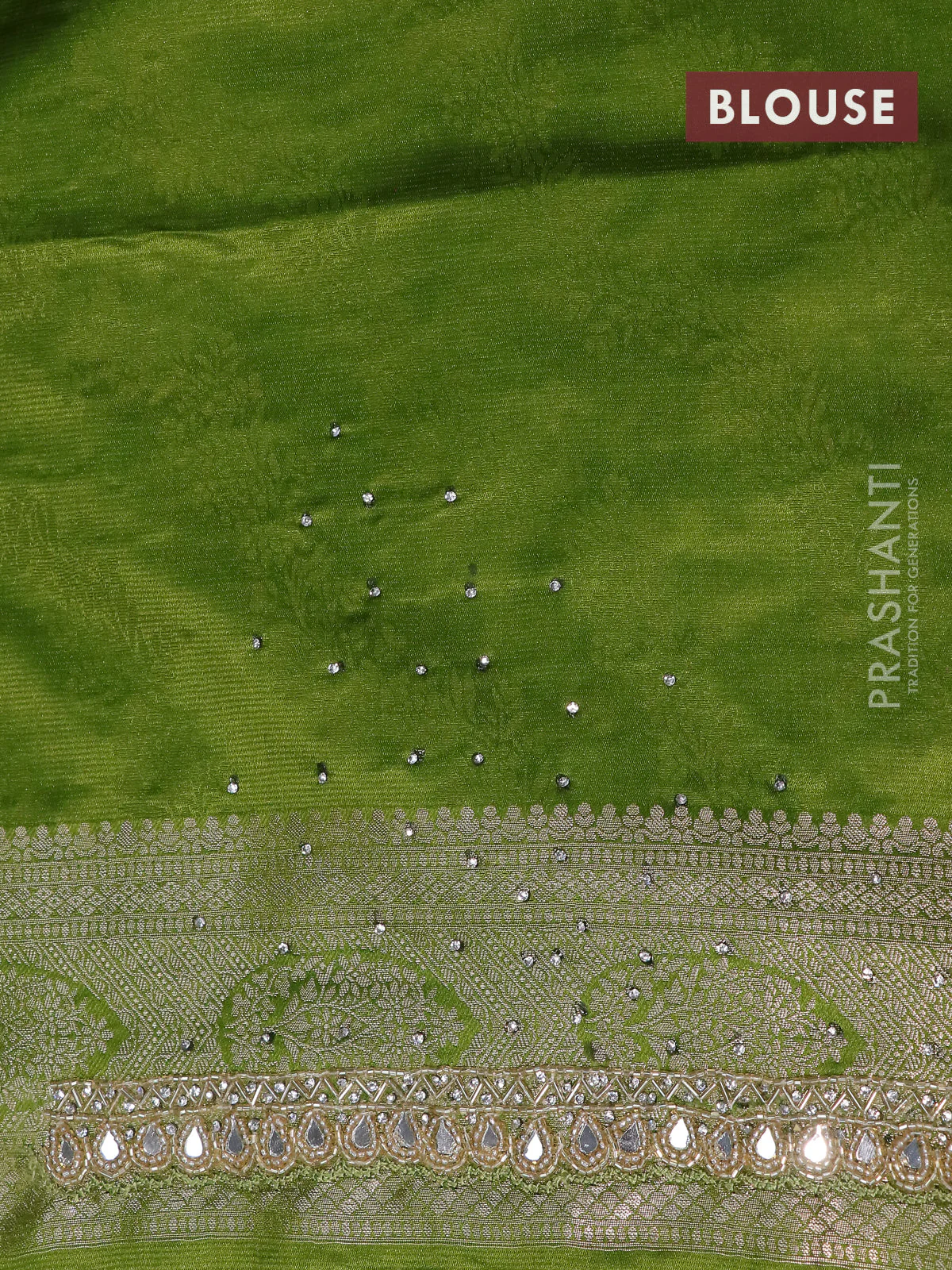 Banarasi silk saree mehendi green with allover zari woven brocade weaves and embroidery mirror work border - Image 4
