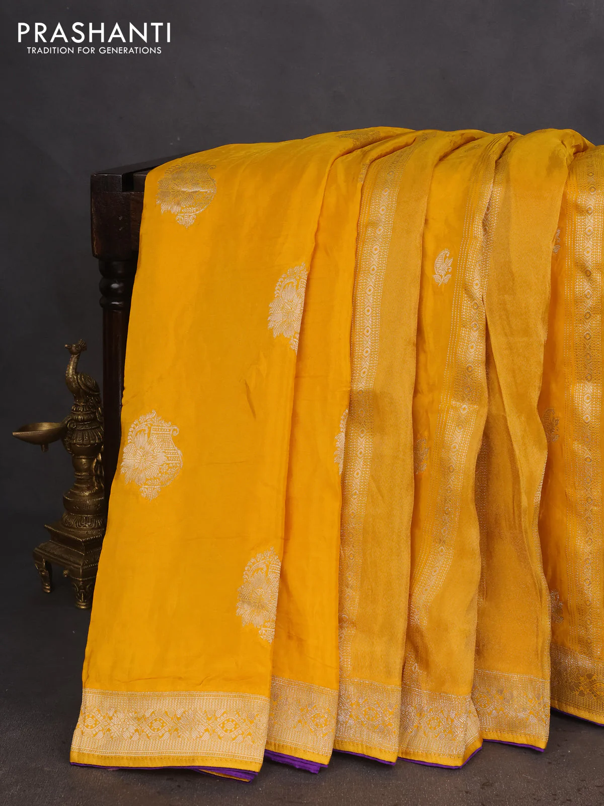 Banarasi silk saree mustard yellow and violet with allover zari weaves and zari woven border - Image 2