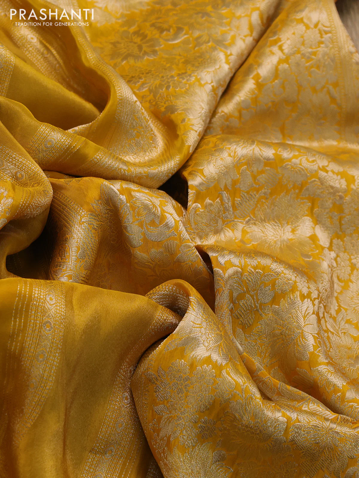 Banarasi silk saree mustard yellow and violet with allover zari weaves and zari woven border - Image 3