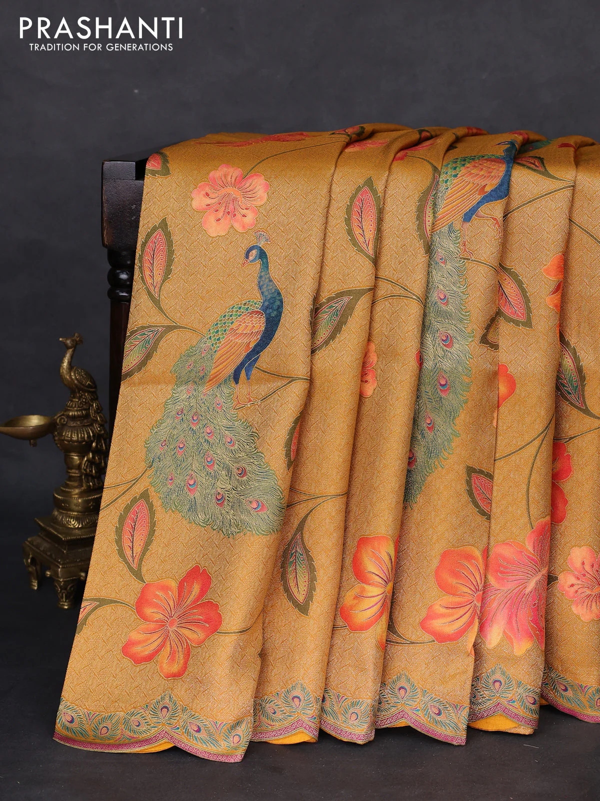 Banarasi silk saree mustard yellow with allover floral prints and scallop design border - Image 2