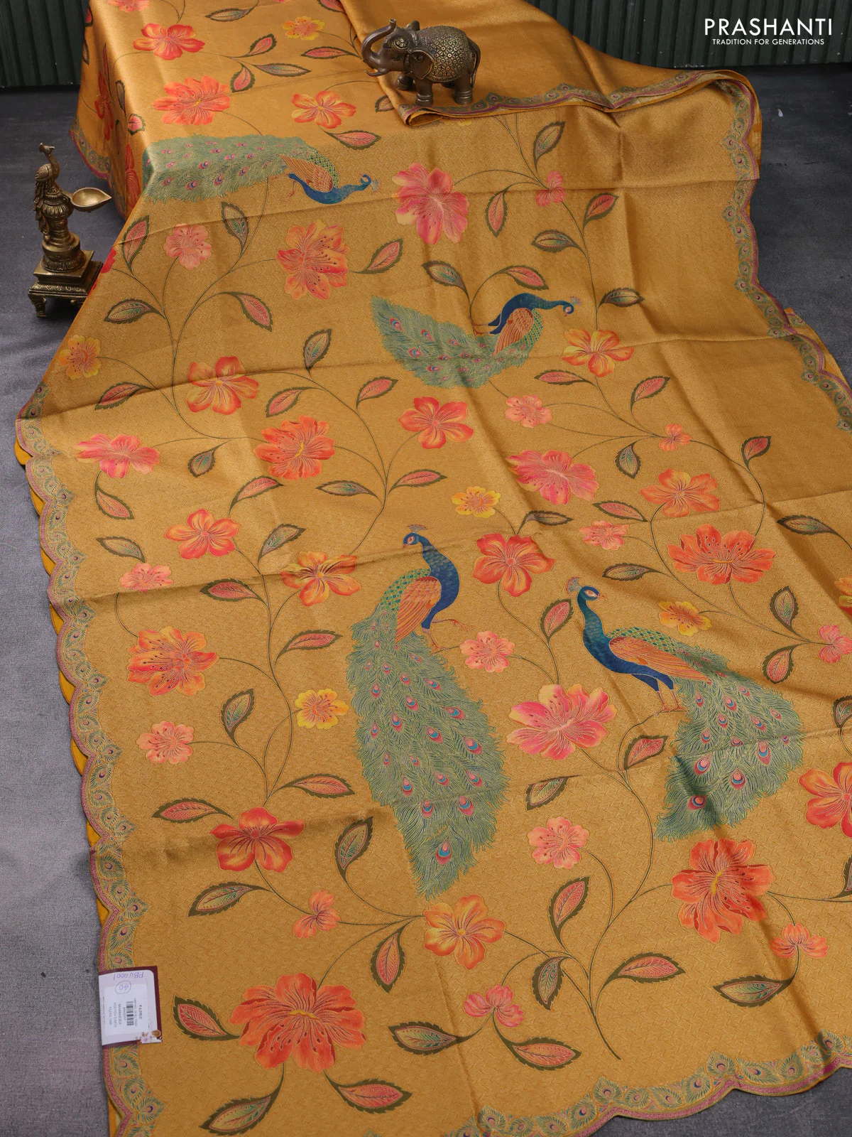 Banarasi silk saree mustard yellow with allover floral prints and scallop design border - Image 3