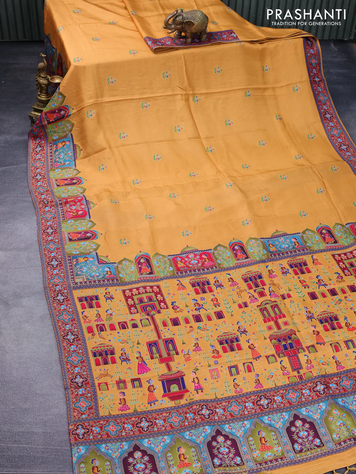 Banarasi silk saree mustard yellow with position prints and printed border - Image 2