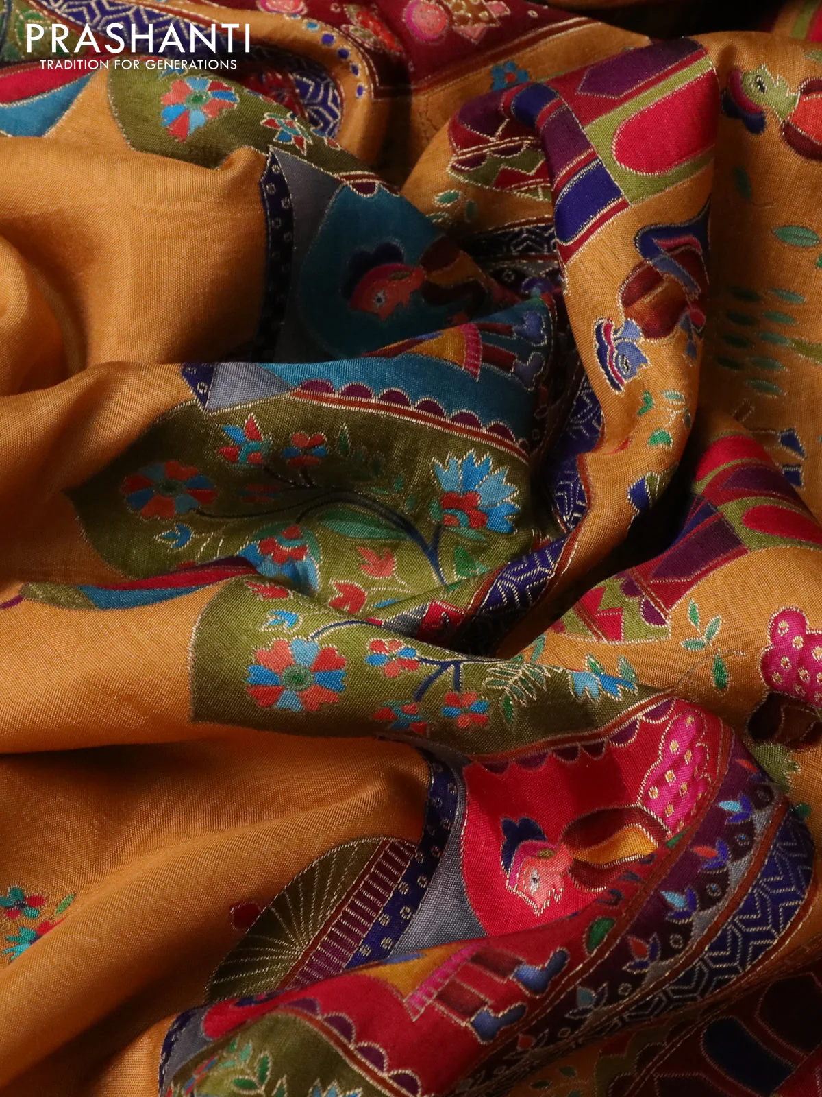 Banarasi silk saree mustard yellow with position prints and printed border - Image 3