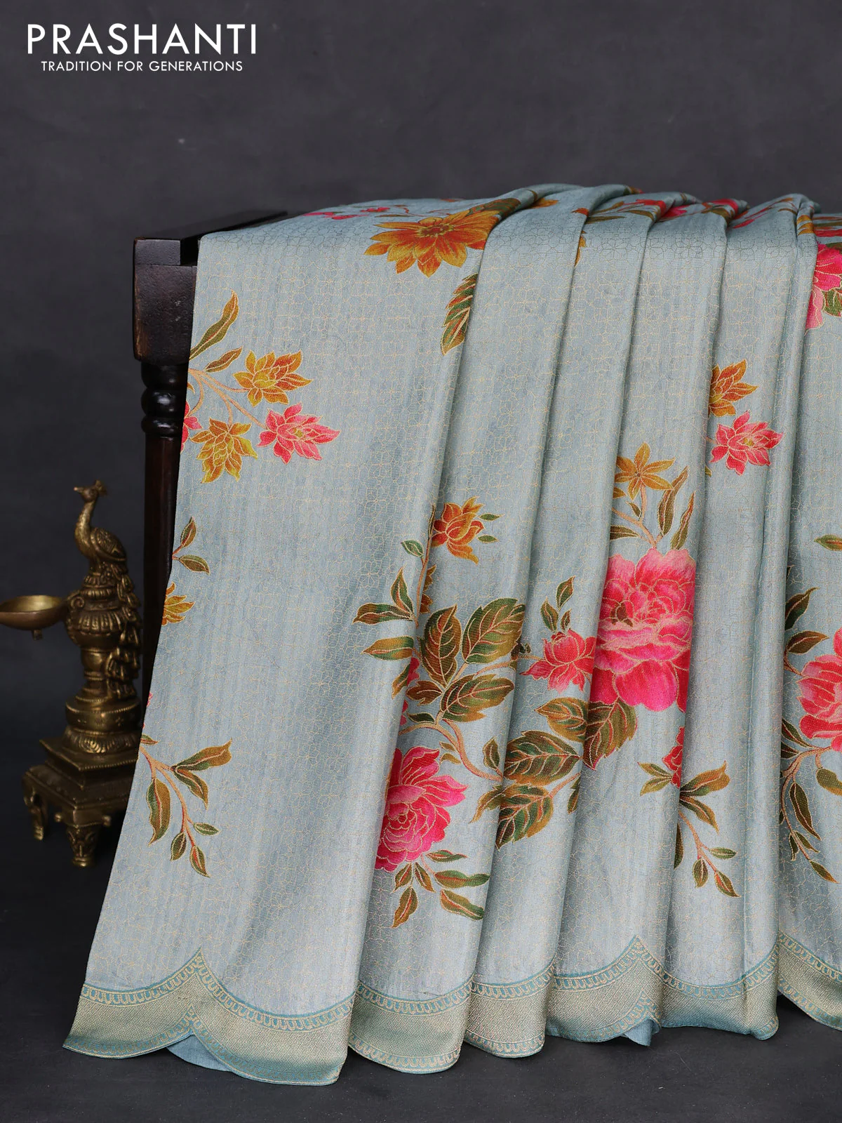 Banarasi silk saree pastel blue with allover floral prints and scallop design border - Image 2