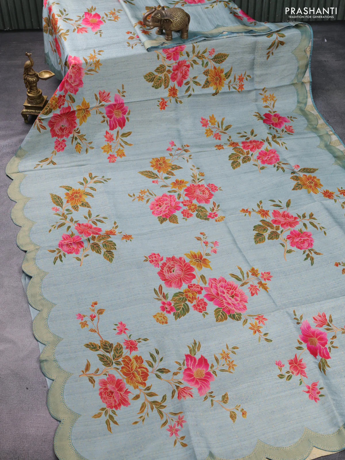 Banarasi silk saree pastel blue with allover floral prints and scallop design border - Image 3