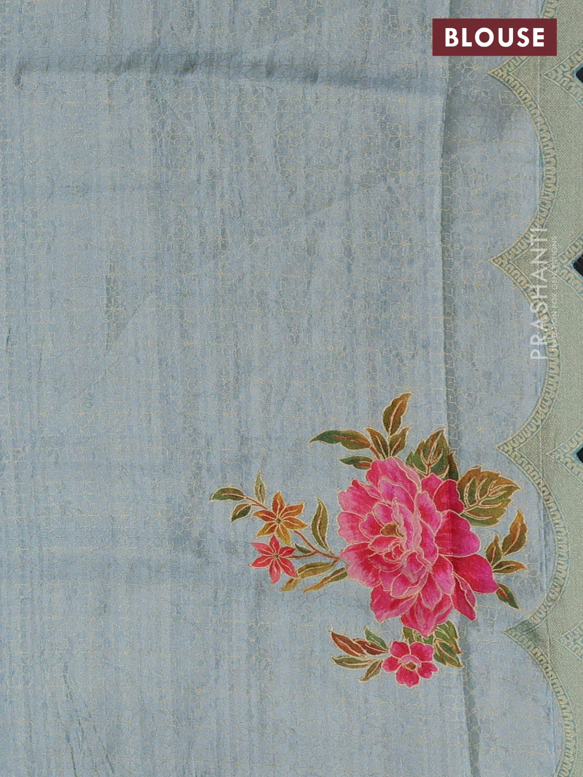 Banarasi silk saree pastel blue with allover floral prints and scallop design border - Image 4