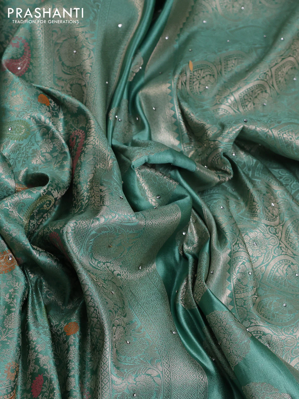 Banarasi silk saree pastel green with allover zari woven brocade weaves and zaridosi gotapatti work border - Image 3